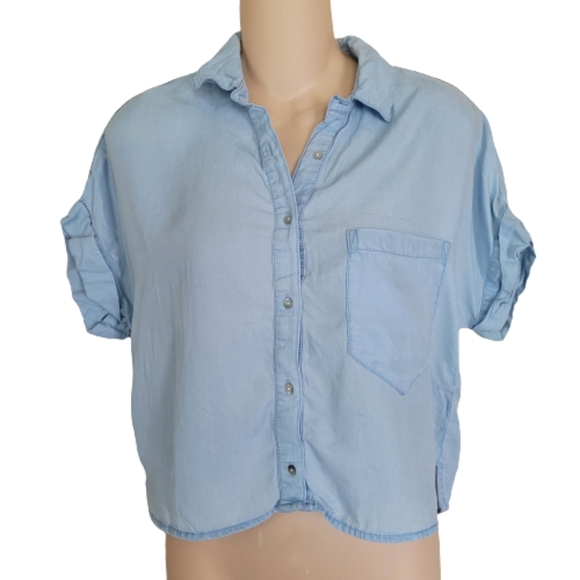 Zara Maui and Sons Collaboration Chambray Denim Cropped Shirt Size Women's Small - Picture 2 of 9